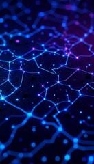 Obraz premium Glowing neon blue and purple digital grid with nodes and motion