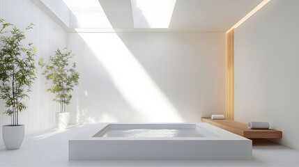 A minimalist luxury spa with clean white walls and angular skylights casting natural light.