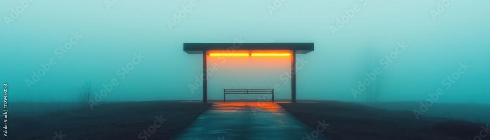 Poster a foggy landscape featuring a minimalist structure illuminated by a warm orange glow, creating a ser