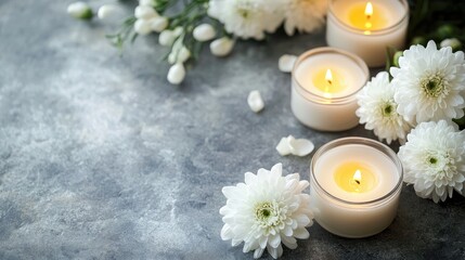 White candles on stone background with white chrysanthemum flowers with space for text