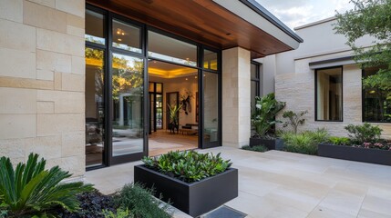 Modern Home Exterior Entrance - Luxury house, stone facade, glass doors, patio, landscaping. Symbolizes: elegance, modern design, tranquility, nature, luxury living.