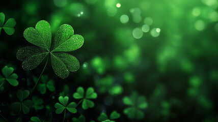 A single shamrock against an out of focus green background for Saint Patrick's day advertisement.