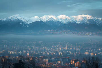 Obraz premium View of Milan Olympic village under the mountains during early morning light showcasing urban landscape and natural beauty