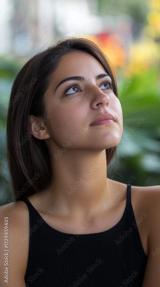 Poster a woman with a serious expression gazes upwards, her face illuminated by soft light. the background 