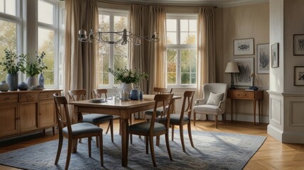 Elegant Dining Room With Bay Window And Wooden Furniture