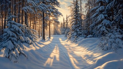Sunlit snowy path through winter forest.