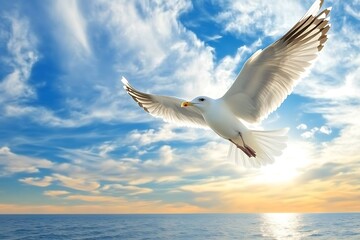 Fototapeta premium A seagull soars gracefully over a tranquil ocean at sunset.