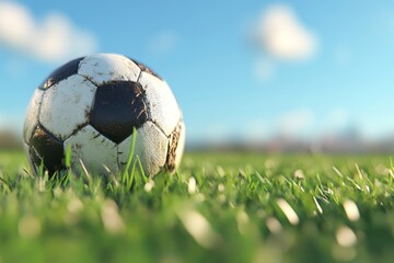 Fototapeta premium Soccer ball resting on vivid green grass under a clear blue sky during daylight