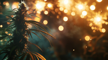 Marijuana buds with out of focus fireworks in the background. Cannabis themed new years eve background for Marijuana sales at legal dispensaries.