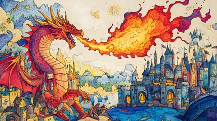 Fototapeta premium A playful drawing of a dragon breathing fire surrounded by knights and a castle.