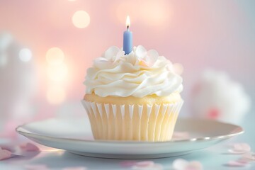 Single cupcake with a lit candle on a plate, birthday celebration