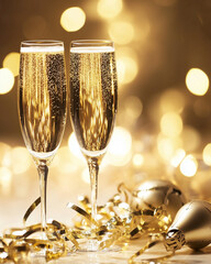 Glasses of Champagne on a Golden Festive Background &ndash; New Year&rsquo;s Eve Celebration Scene