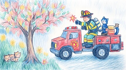 A playful drawing of a firefighter saving a kitten from a tree with a big red truck nearby.