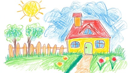Fototapeta premium A playful drawing of a smiling house with a chimney a garden and a fence.
