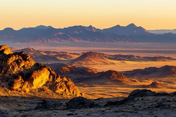 Fototapeta premium Golden sunset over a vast desert mountain landscape