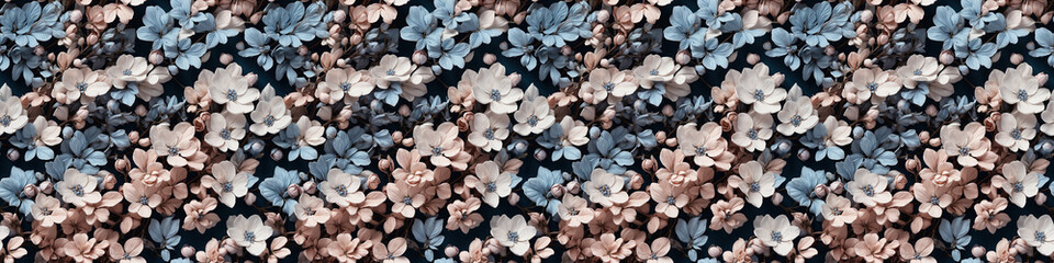 Floral pattern with beige and blue flowers on a dark background and copy space, seamless pattern