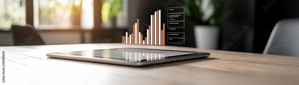 Poster a sleek tablet displays rising bar graphs, symbolizing growth and data analysis in a modern workspac