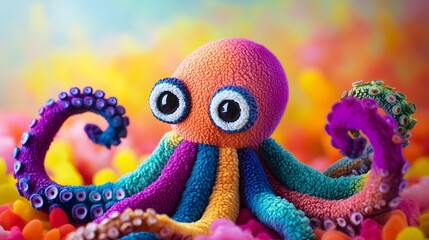 A quirky portrait of a plush octopus with rainbow tentacles set against a bright coral background.