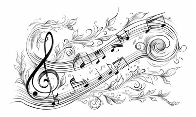 This captivating digital illustration showcases a flowing line art of music notes intertwined with elegant abstract elements, embodying the essence of sound and creativity
