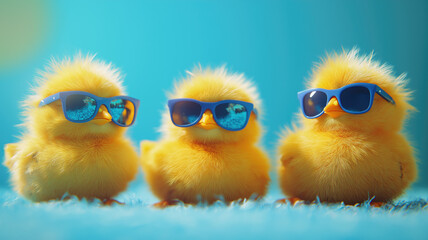 three yellow chicks with blue sunglasses bang, studio blue background. easter concept, generative ai