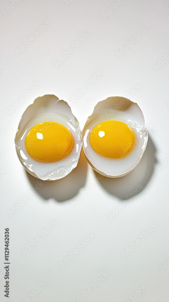 Poster two cracked eggshell halves sit on a white surface, revealing bright yellow yolks inside. soft shado