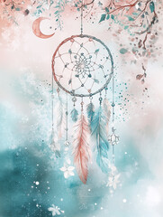 Fototapeta premium Dreamcatcher with feathers on a mystical pastel background