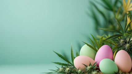 Marijuana plants siitting amongst large easter eggs against a baby blue background.