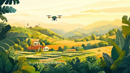 A serene landscape featuring a drone flying over lush fields, hills, and farms during sunset, highlighting agricultural innovation and nature's beauty.