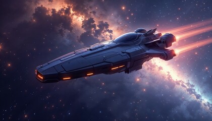 Obraz premium Futuristic spaceship in space with glowing engines and colorful nebula background