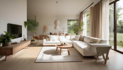 modern living room decorated with light colored furniture natural light