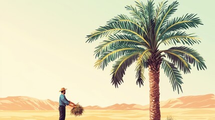 A farmer nurtures a palm tree in a vast desert landscape, symbolizing growth, perseverance, and the beauty of nature amidst arid surroundings.