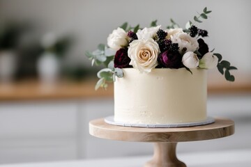 wedding cake design, a rustic wedding cake with fresh flowers on a vintage table in a farmhouse kitchen with seasonal blooms
