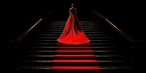 Woman in a red gown is standing on a red carpet