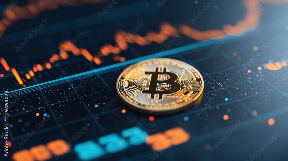 Poster golden bitcoin coin on a digital stock market chart with price fluctuations and trading data in the 