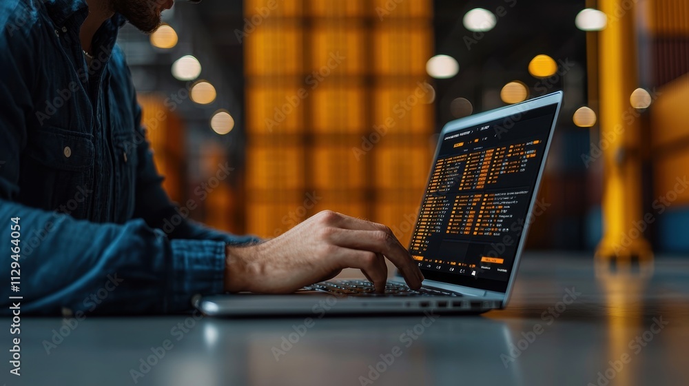Aufkleber person working on a laptop with trading software and financial data in a warehouse setting with blur