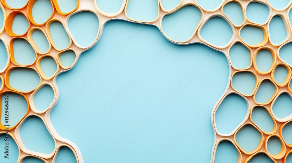 Poster abstract organic frame with orange and cream layered 3d shapes on a blue background. modern geometri