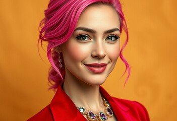Fototapeta premium Photorealistic portrait of a non-binary individual with bright pink hair and red velvet suit