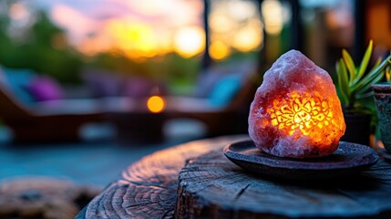 A beautifully crafted Himalayan salt lamp glows warmly in a tranquil outdoor setting, symbolizing relaxation, wellness, and the elegance of nature’s gifts in home decor.