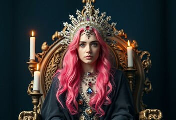 Fototapeta premium Elaborate, surreal portrait of a non-binary individual with pink hair