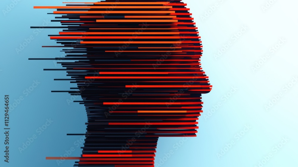 Poster abstract digital human profile composed of red and black horizontal lines on a gradient blue backgro