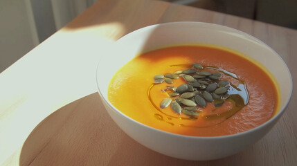 Bowl of creamy pumpkin soup with seeds and oil on wooden table