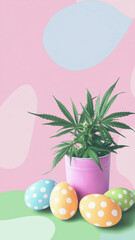 Marijuana plants surrounded by Easter eggs against a pink background for legal cannabis advertisement in smartphone 9:16 aspect ratio.