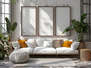 A cozy living room features a spacious couch adorned with cushions, flanked by vibrant indoor plants. Three blank picture frames await personal touches, illuminated by soft, natural light
