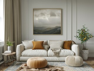 A stylish living room showcases a cozy sofa adorned with cushions, a decorative rug, and a blank picture frame. Natural light floods the space, enhancing the inviting atmosphere