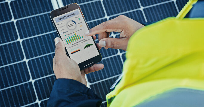 Person, hands and engineer with phone screen for solar panel diagnostics, software or photovoltaic system. Closeup, technician or employee with mobile smartphone display for renewable energy app
