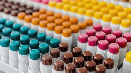Close-up of colorful plastic bottle caps arranged in rows. Recycling and packaging concept