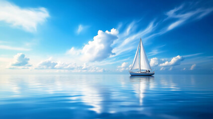 Sailing peacefully on a serene blue ocean, a white sailboat reflects the clear sky and fluffy clouds above