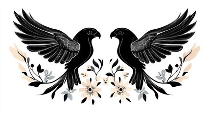 Obraz premium Birds of Paradise Floral Design - Elegant black birds, wings spread, symmetrical design, floral accents, nature motif. Symbolizing freedom, beauty, balance, nature, and love.