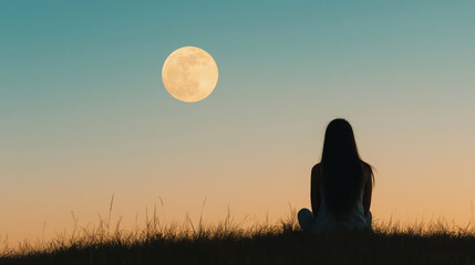 Young woman sitting on a grassy hill, admiring the serene view of the full moon rising in the twilight sky