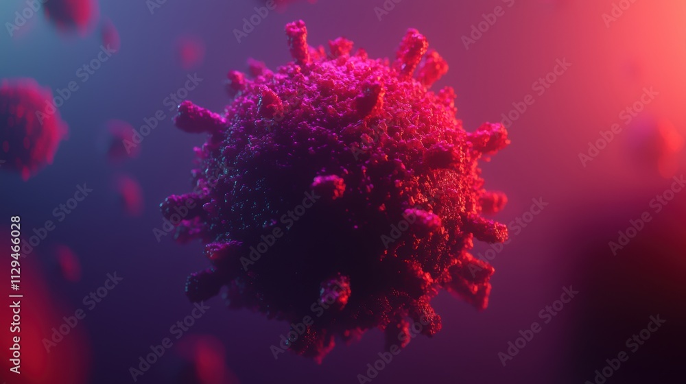 Poster close-up of a red 3d virus particle with detailed texture on a colorful gradient background. medical